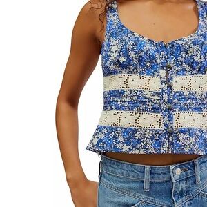 Free People Kiana Lace Tank Top Blue Combo Size Large Floral MultiColor